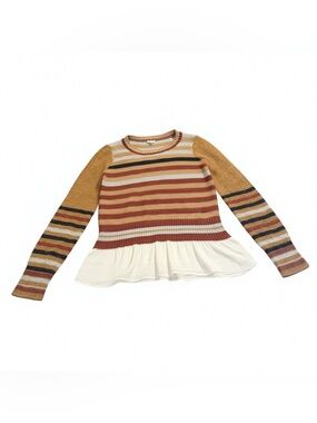 Hem & Thread Large Mustard Rust White Striped Peplum Sweater Top Boho Fall Cozy